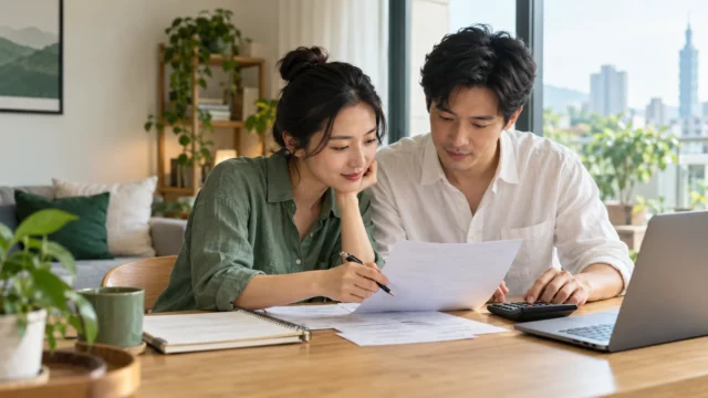 兩人在家整理收支與借款資訊（AI 情境示意）