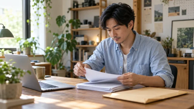 接案工作者整理收入文件（AI 情境示意）